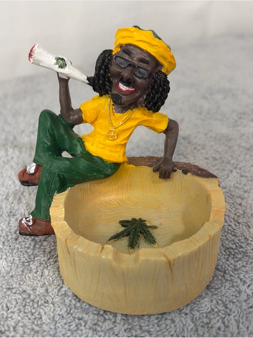 Yellow & Green Resin Rasta Figurine Ashtray - Decorative Home Accent